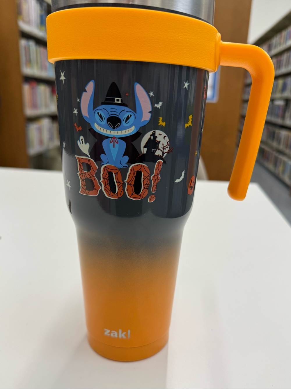 zak! Halloween Stitch Orange Gradient Travel Mug with Handle
